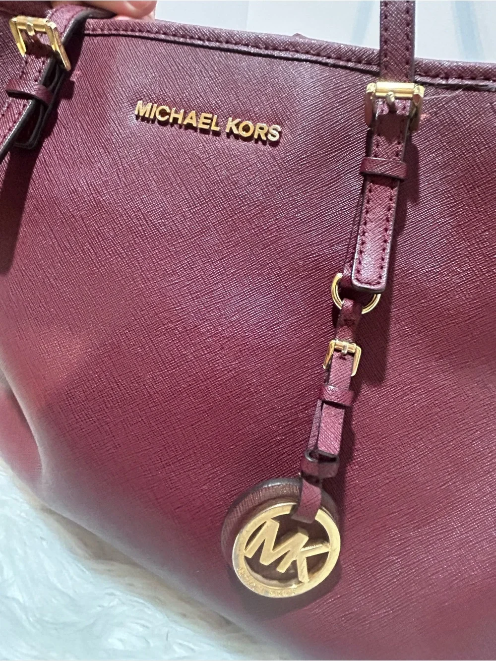 Michael Kors Wine Jet Set Travel Saffiano Leather Tote with Gold Logo Charm